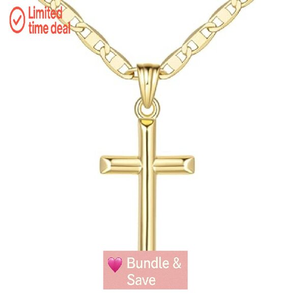 14K Gold Cross Pendant Necklace 26mm Minimalist Faith Chain - Picture 2 of 8